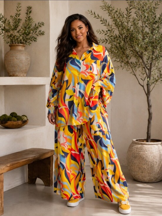 easel Pants - NEW!! Easel PRINTED MIRABELLE SATIN WIDE LEG PANTS & BLOUSE, NWT